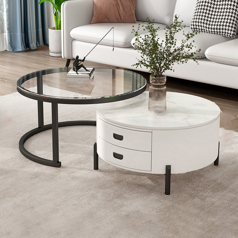 Modern Wooden 4 Legs 2 Coffee Table with Storage Round Table