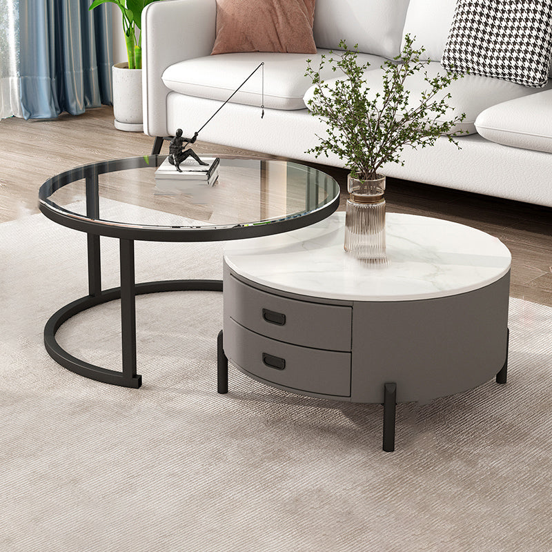 Modern Wooden 4 Legs 2 Coffee Table with Storage Round Table