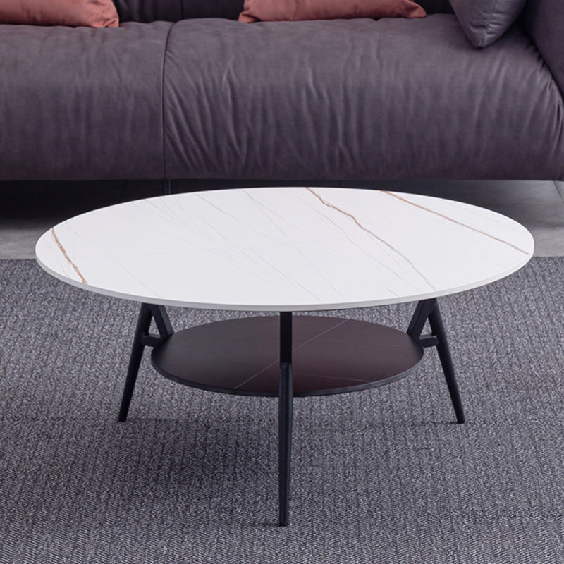 Modern Slate Trestle Coffee Table with Storage Round Cocktail Table in Grey