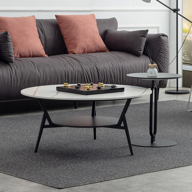 Modern Slate Trestle Coffee Table with Storage Round Cocktail Table in Grey