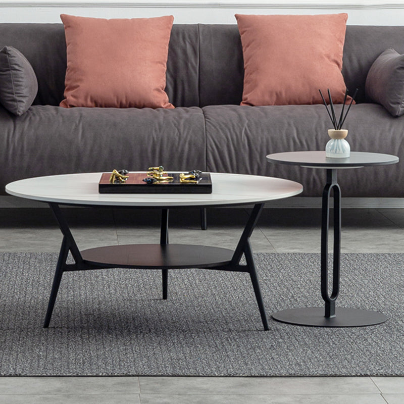 Modern Slate Trestle Coffee Table with Storage Round Cocktail Table in Grey