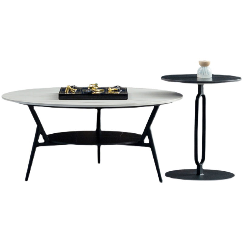Modern Slate Trestle Coffee Table with Storage Round Cocktail Table in Grey