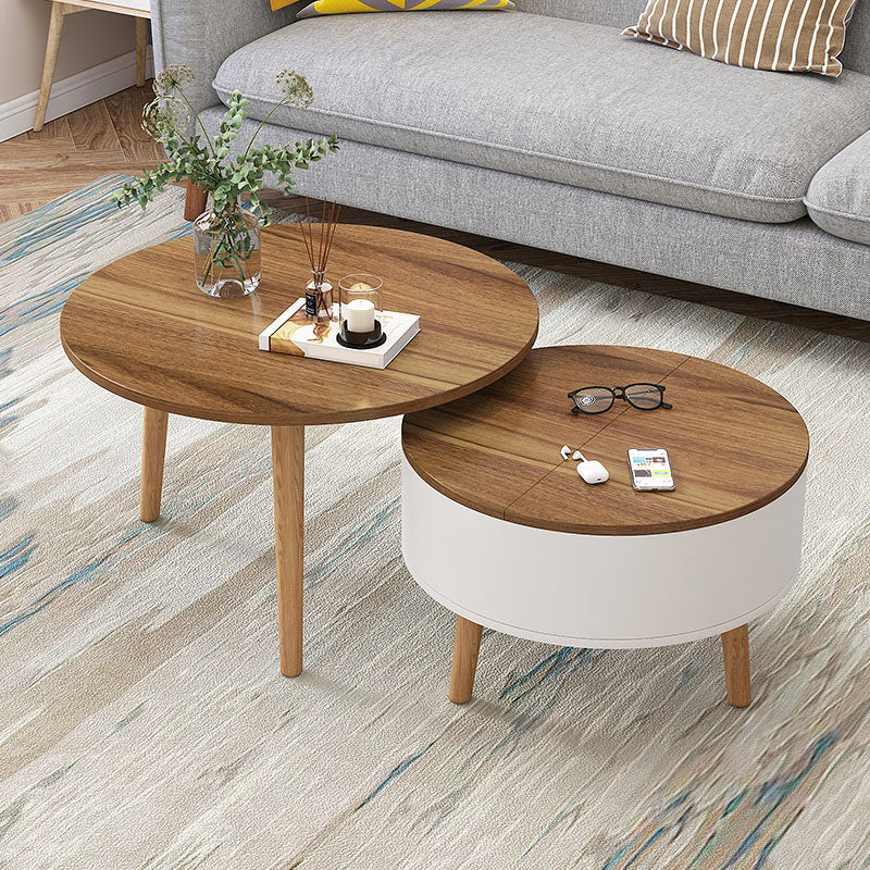 Round Solid Wood 3 Legs Coffee Table with Storage Drawers Modern Cocktail Table