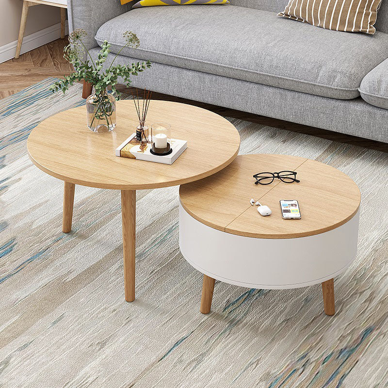 Round Solid Wood 3 Legs Coffee Table with Storage Drawers Modern Cocktail Table