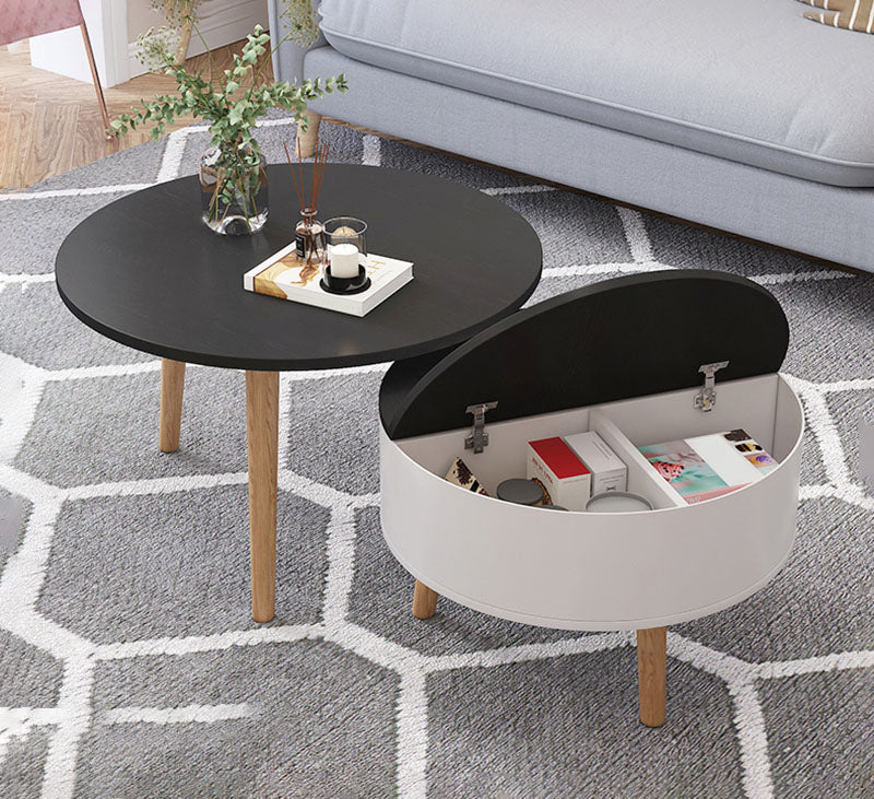 Round Solid Wood 3 Legs Coffee Table with Storage Drawers Modern Cocktail Table