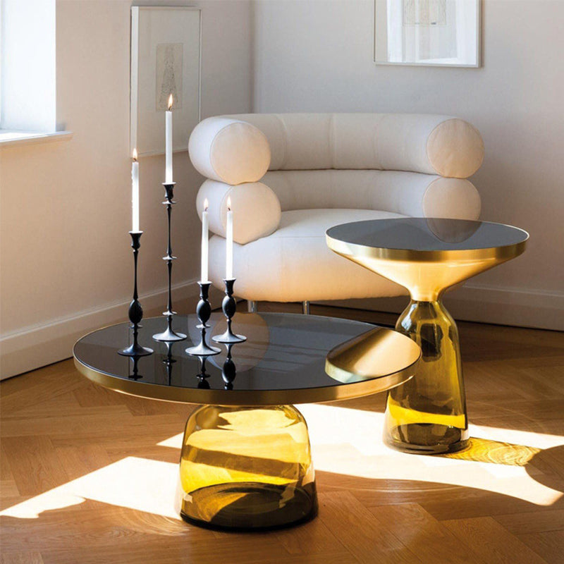 Pedestal 1 Single Coffee Table Metal and Glass Statement Cocktail Table