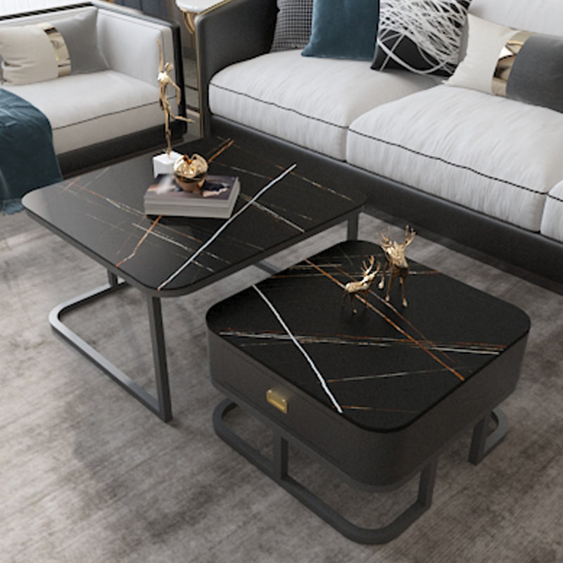 Round Slate/ Glass Coffee Table Frame 2 Nesting Cocktail Table with Storage
