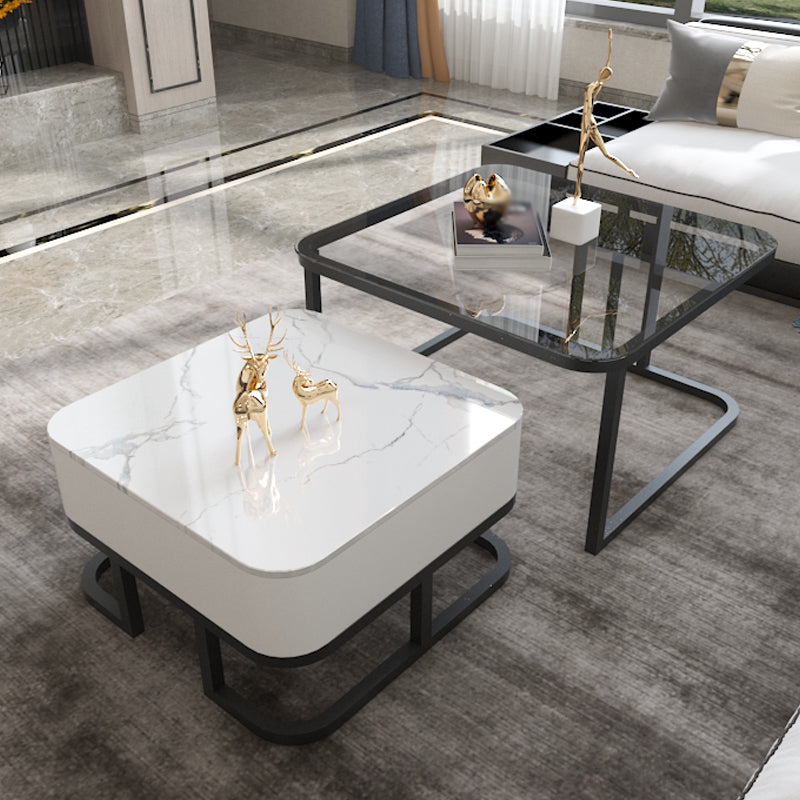 Round Slate/ Glass Coffee Table Frame 2 Nesting Cocktail Table with Storage