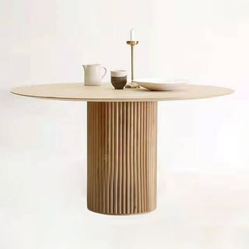 Round Pedestal Modern Dining Table Wood Color Fixed Table with Solid Wood