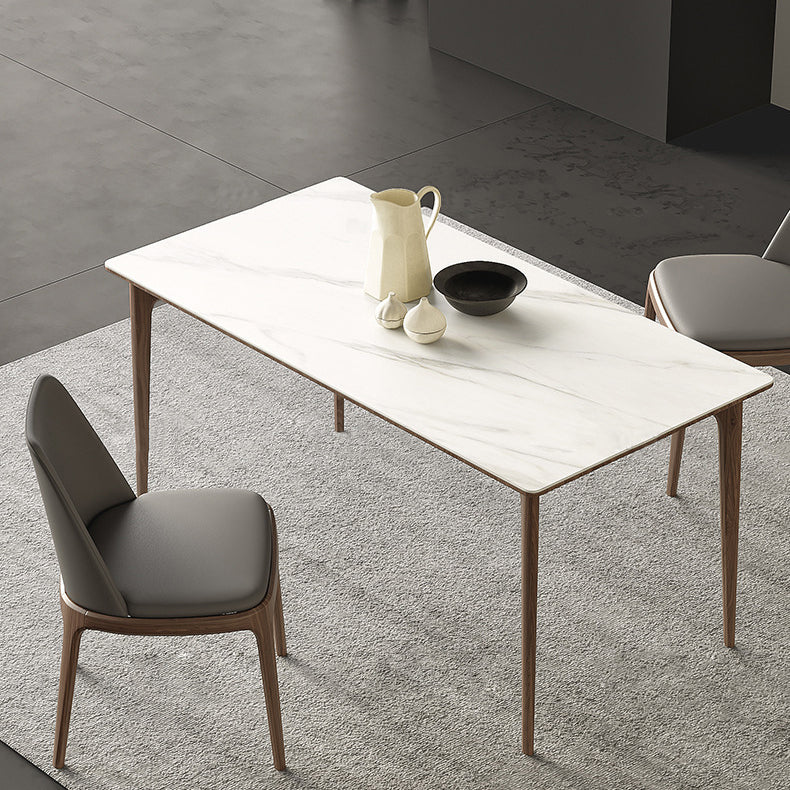 White Stone Top Table Mid-Century Modern Rectangle Table with 4 Wood Legs
