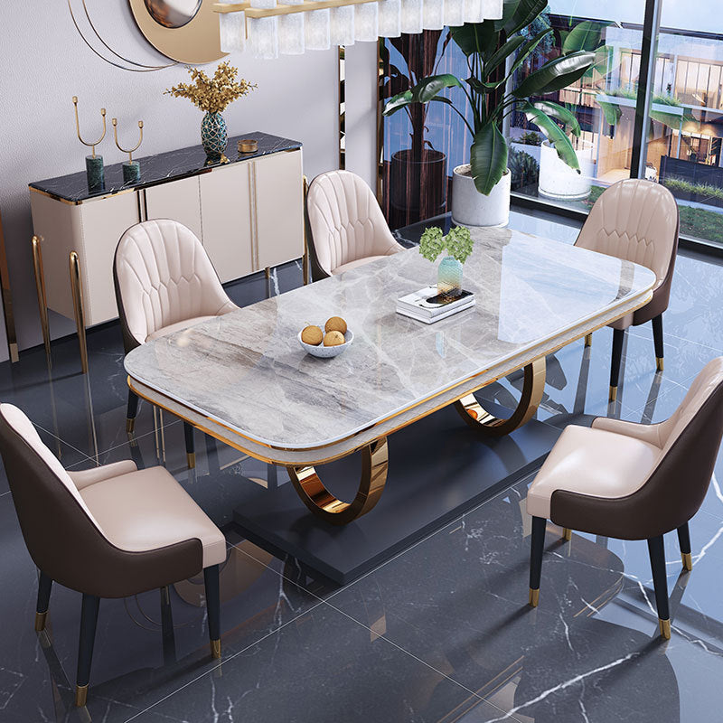 Stone Top Dining Table Traditional Luxury Table with Pedestal Base in Gold