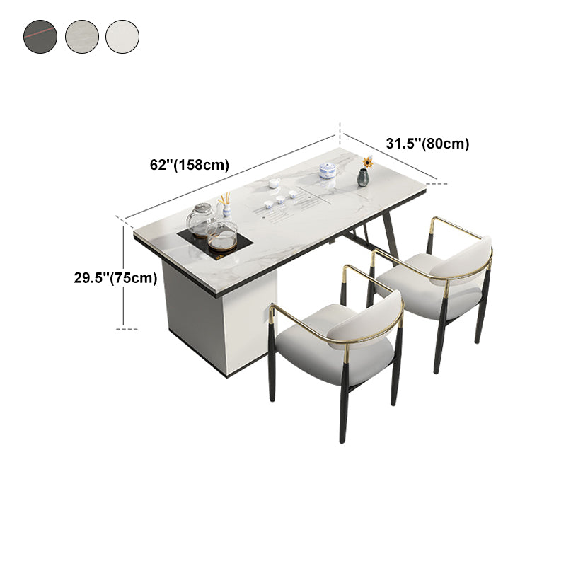 Mesa de comedor con encimera rectangular y tapa de piedra moderna con pedestal doble de metal
