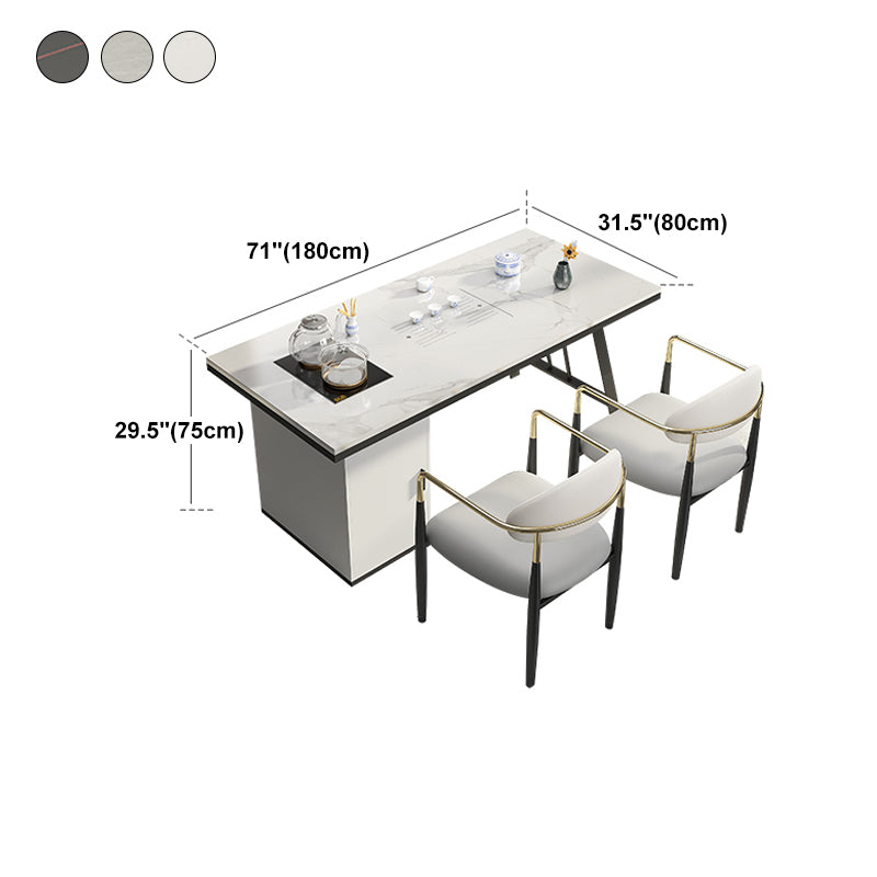 Mesa de comedor con encimera rectangular y tapa de piedra moderna con pedestal doble de metal