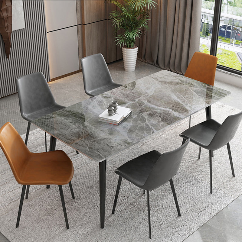 Stone Top Dining Table Rectangle Dining Table with Wood Steel Base in Black