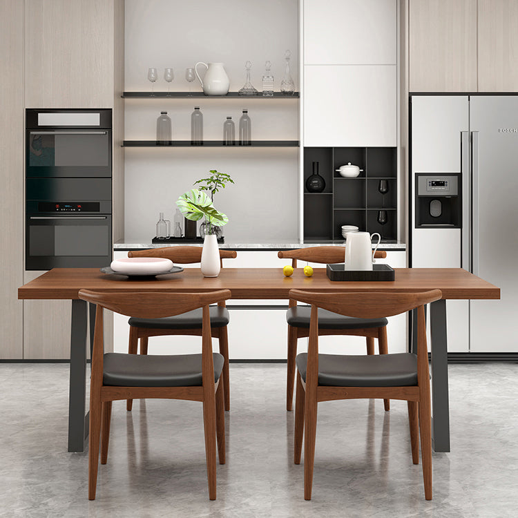 Metal Sled Base Dining Table Modern Solid Wood Top Dining Table in Brown and Black