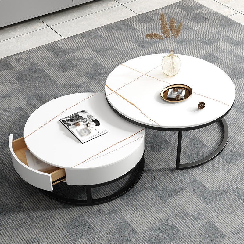 Modern Style Round Black and White Slate Top Nesting Coffee Table