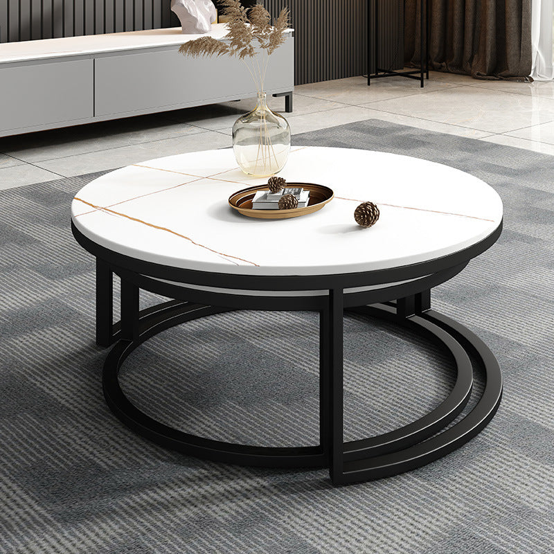 Modern Style Round Black and White Rock Slab Top Coffee Table