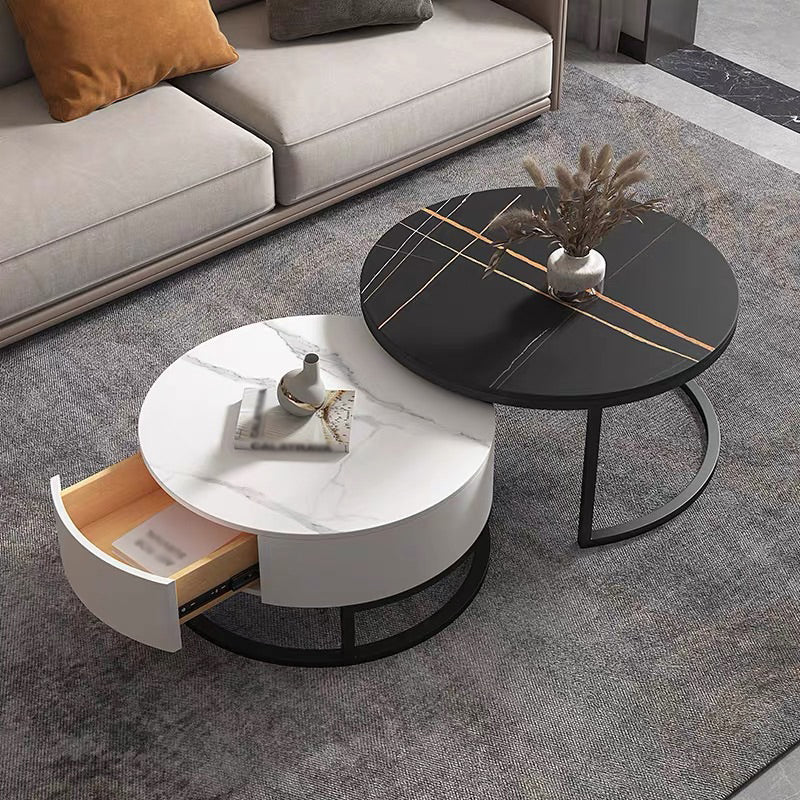 Modern Style Round Black and White Slate Top Nesting Coffee Table