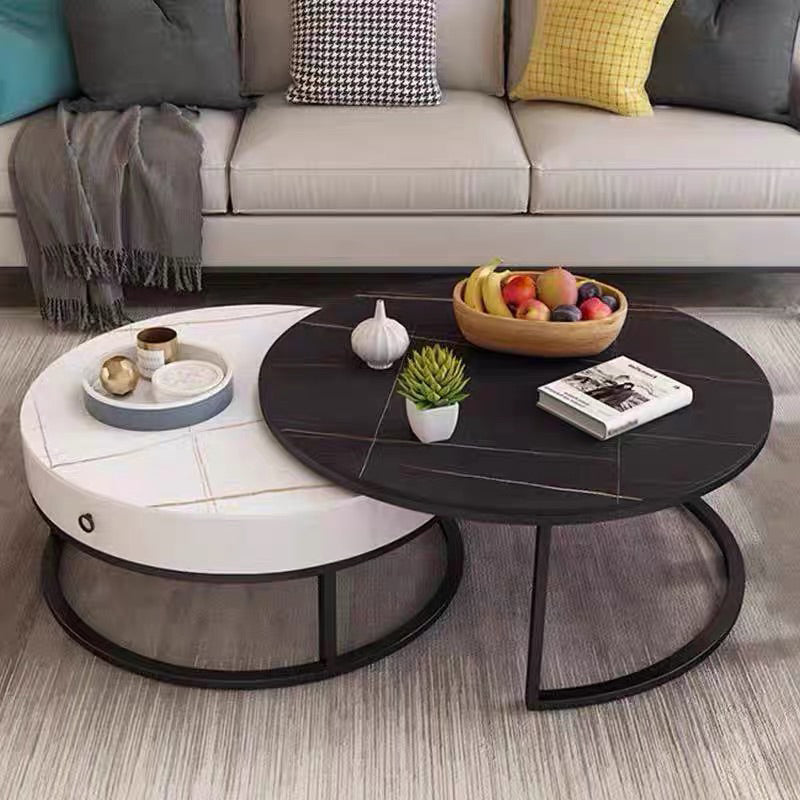 Modern Style Round Black and White Slate Top Nesting Coffee Table