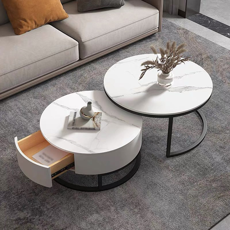 Modern Style Round Black and White Slate Top Nesting Coffee Table