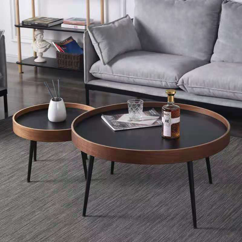 Round Brown/Black Wood Coffee Table 3 Legs Base 2 Nestling Cocktail Table