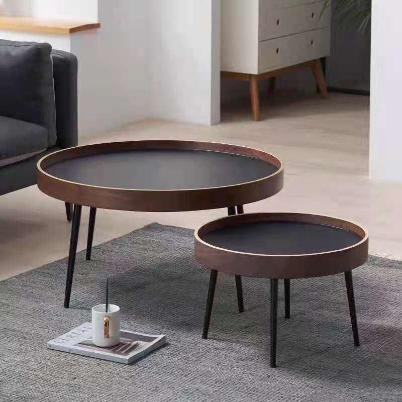 Round Brown/Black Wood Coffee Table 3 Legs Base 2 Nestling Cocktail Table
