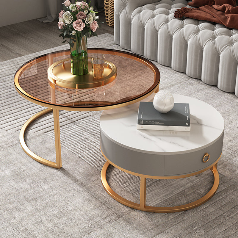 Round Brown Glass Coffee Table with Drawers Frame  2 Nesting Cocktail Table