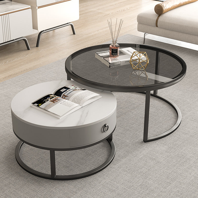 Round Brown Glass Coffee Table with Drawers Frame  2 Nesting Cocktail Table