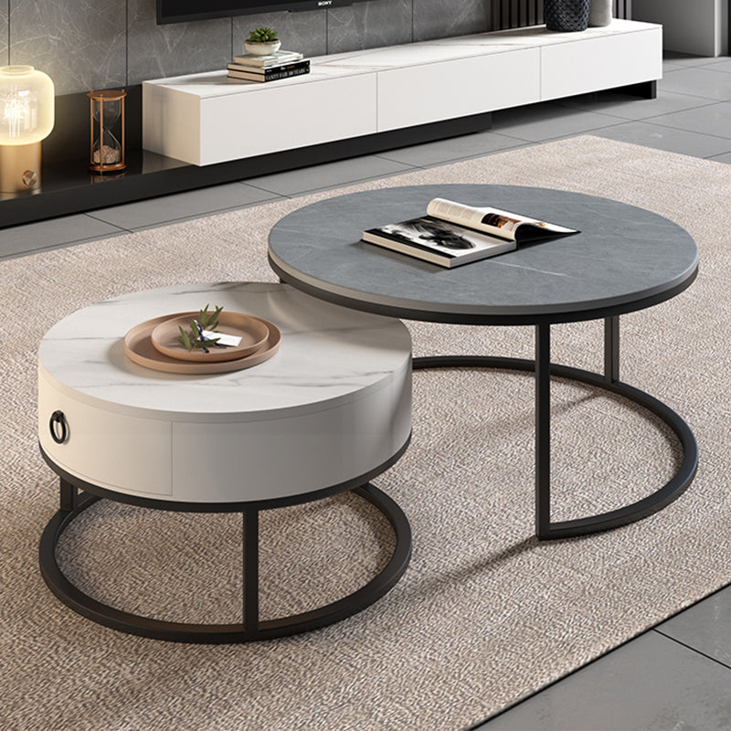 Round Brown Glass Coffee Table with Drawers Frame  2 Nesting Cocktail Table
