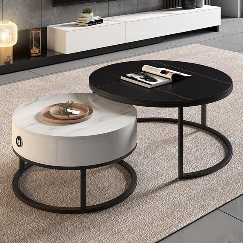 Round Brown Glass Coffee Table with Drawers Frame  2 Nesting Cocktail Table