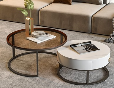 Round Brown Glass Coffee Table with Drawers Frame  2 Nesting Cocktail Table