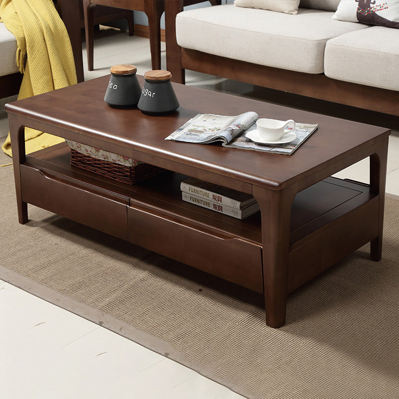 Modern Wooden 4 Legs Coffee Table with Storage Rectangular Cocktail Table in Oak/Walnut