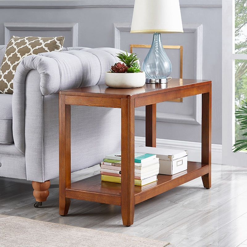 Modern Square 23.62"Tall Oak 4 Legs End Table with Shelf for Living Room