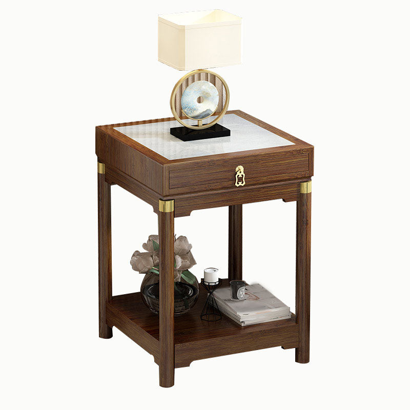 Traditional Square Wooden Sofa Side Accent Table with Storage and Shelf
