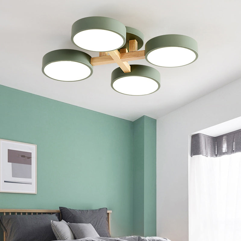 Nordic Round Ceiling Light Wood Macaron LED Flush Mount Light for Living Room