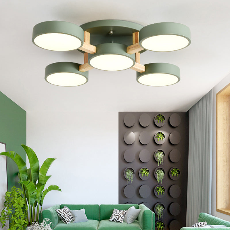 Nordic Round Ceiling Light Wood Macaron LED Flush Mount Light for Living Room