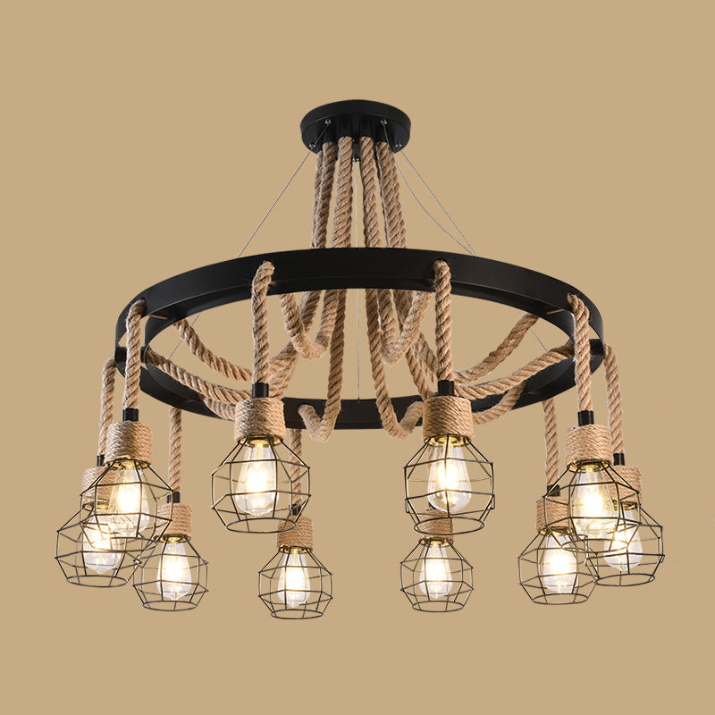 Industrial Geometric Chandelier Lights Rope Chandelier Lighting Fixtures in Black