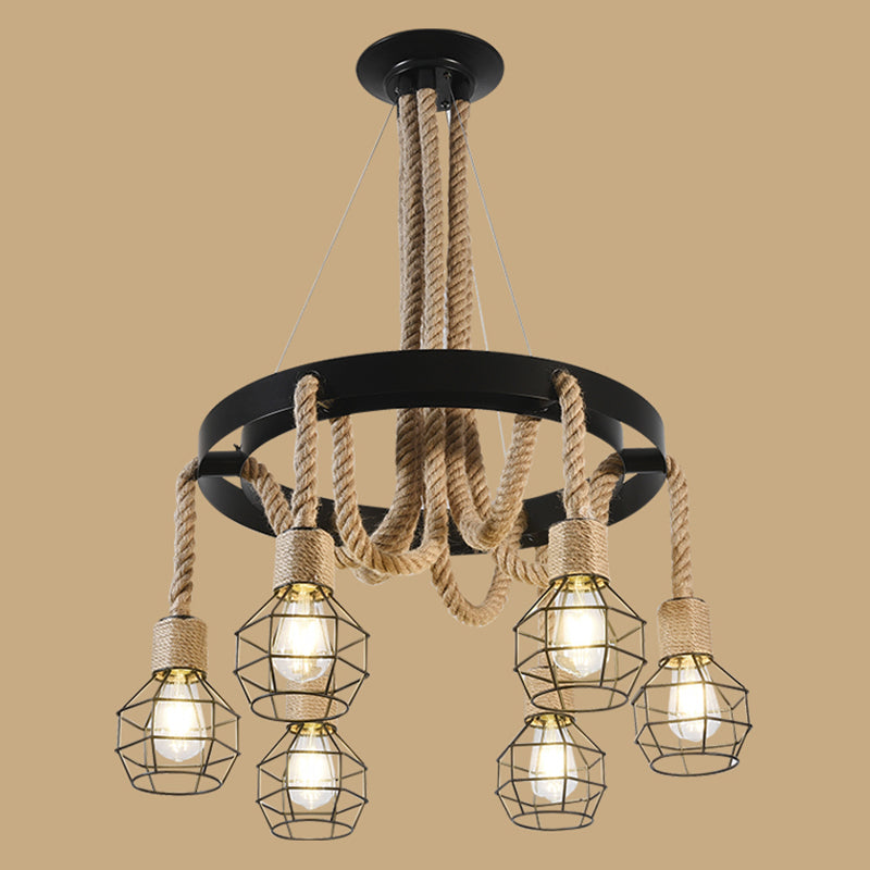 Industrial Geometric Chandelier Lights Rope Chandelier Lighting Fixtures in Black