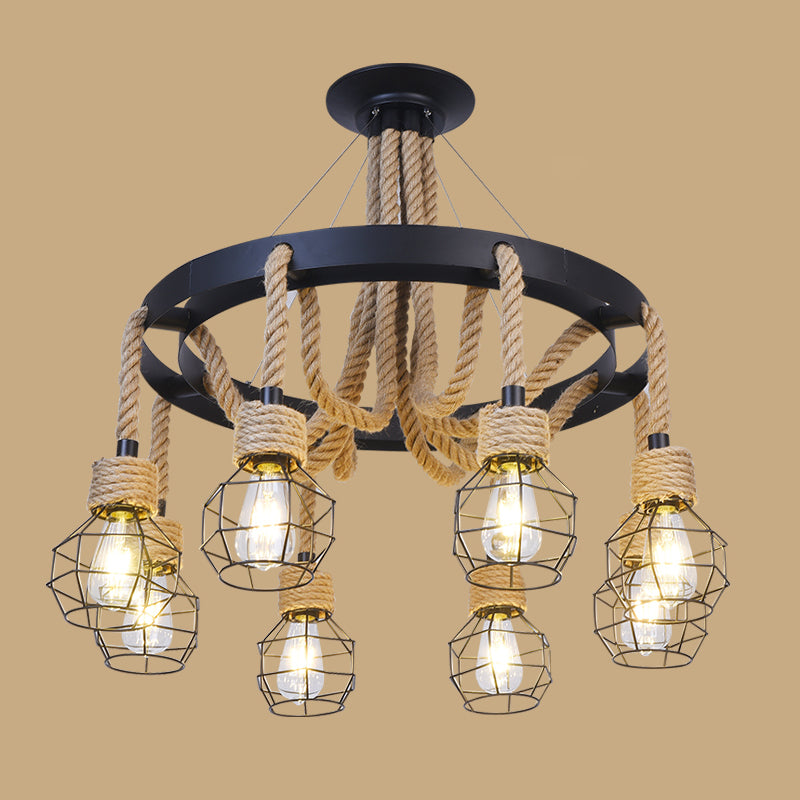 Industrial Geometric Chandelier Lights Rope Chandelier Lighting Fixtures in Black