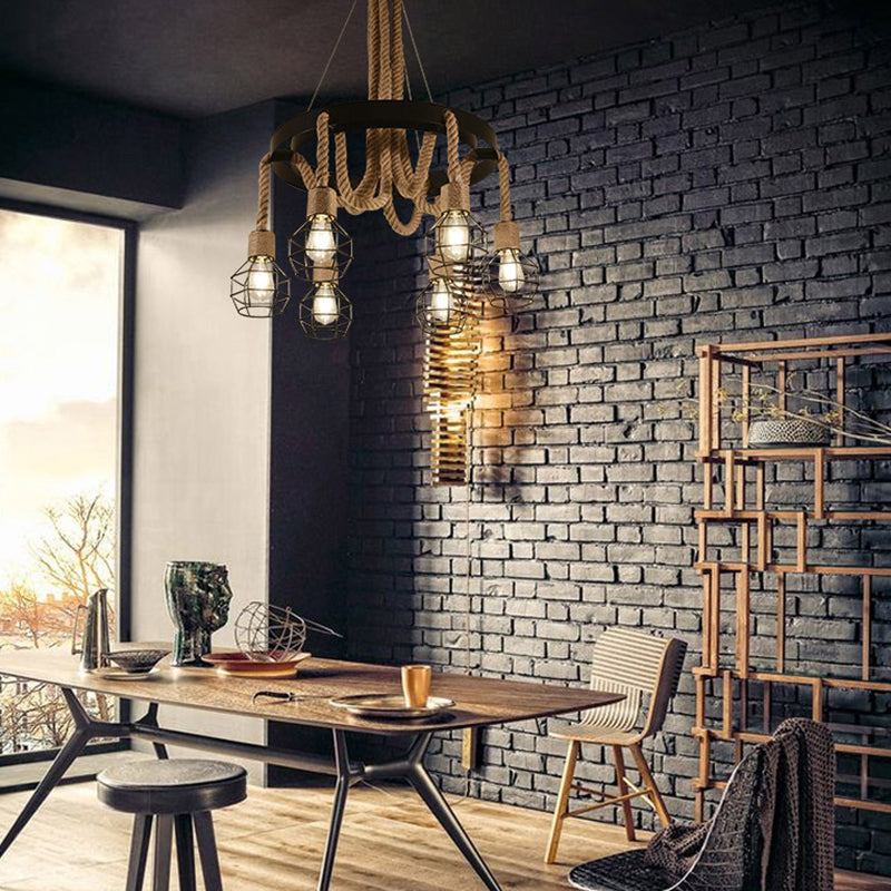 Industrial Geometric Chandelier Lights Rope Chandelier Lighting Fixtures in Black