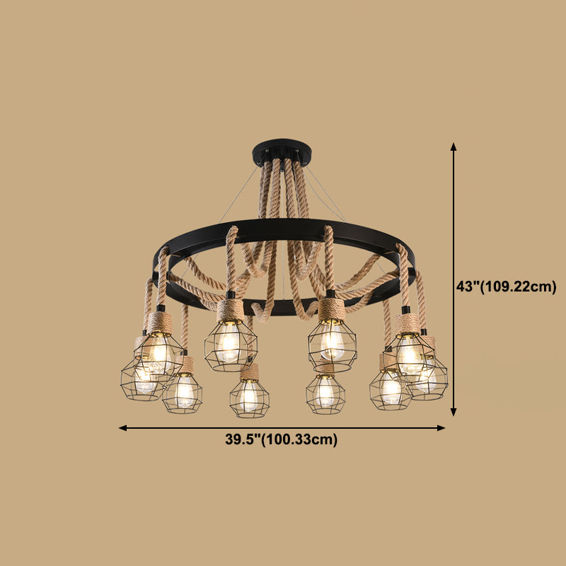 Industrial Geometric Chandelier Lights Rope Chandelier Lighting Fixtures in Black