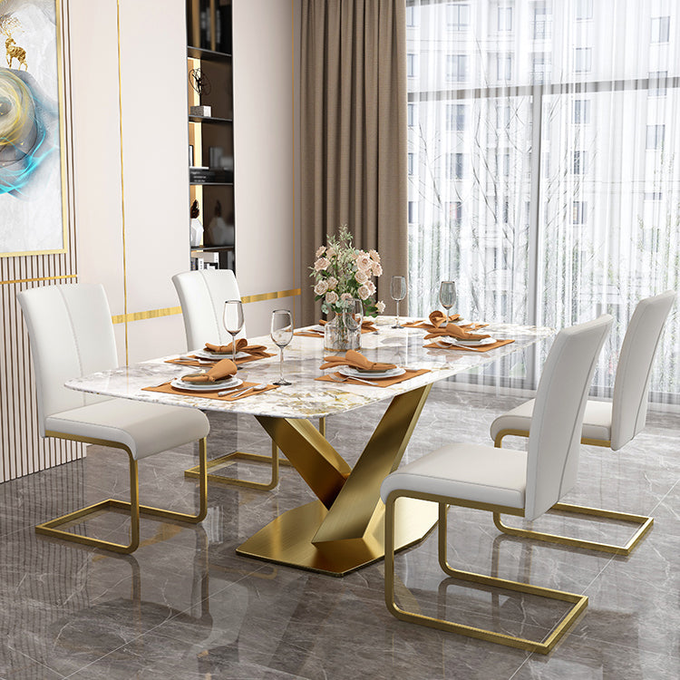 Sintered Stone Top Table for Restaurant Luxury Rectangle Table with Gold Metal Pedestal