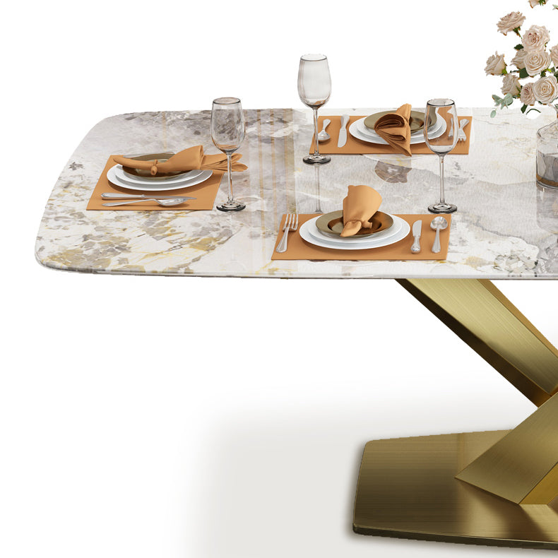 Sintered Stone Top Table for Restaurant Luxury Rectangle Table with Gold Metal Pedestal