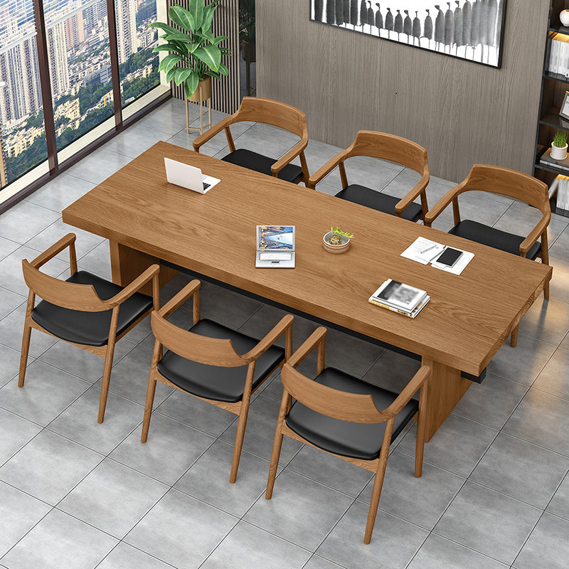 Modern Pine Wood Table in Brown for Restaurant Rectangle Table with Trestle Base