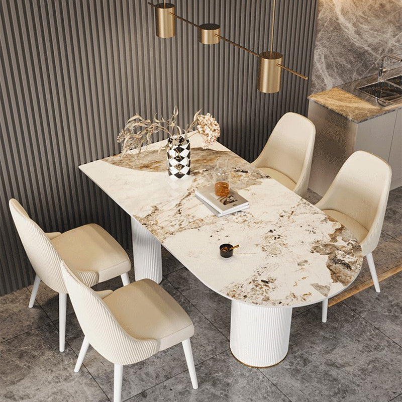 Traditional Luxury Dining Table Stone and Metal White Base Double Pedestal Table