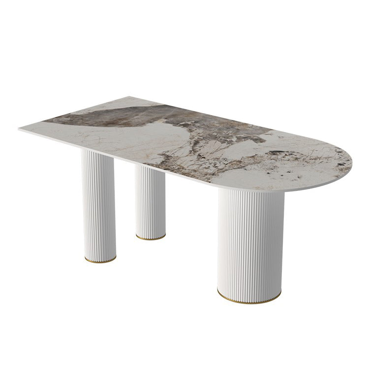 Traditional Luxury Dining Table Stone and Metal White Base Double Pedestal Table