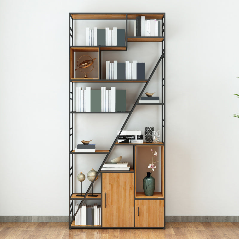 Metal and Wooden Shelf Bookcase with Doors Modern Bookshelf for Office