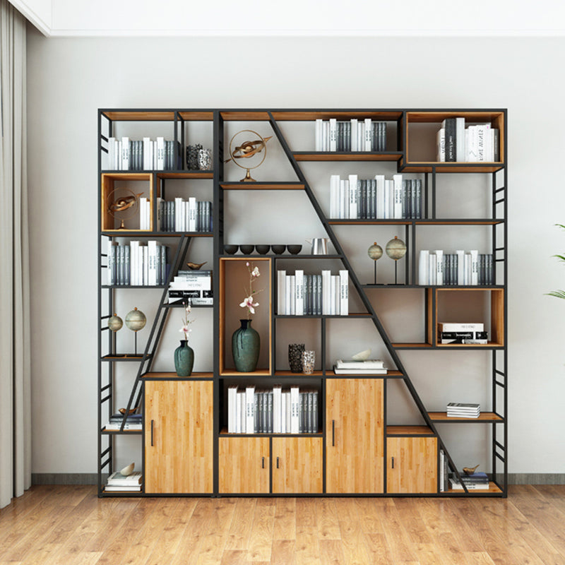 Metal and Wooden Shelf Bookcase with Doors Modern Bookshelf for Office