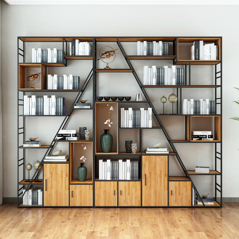 Metal and Wooden Shelf Bookcase with Doors Modern Bookshelf for Office