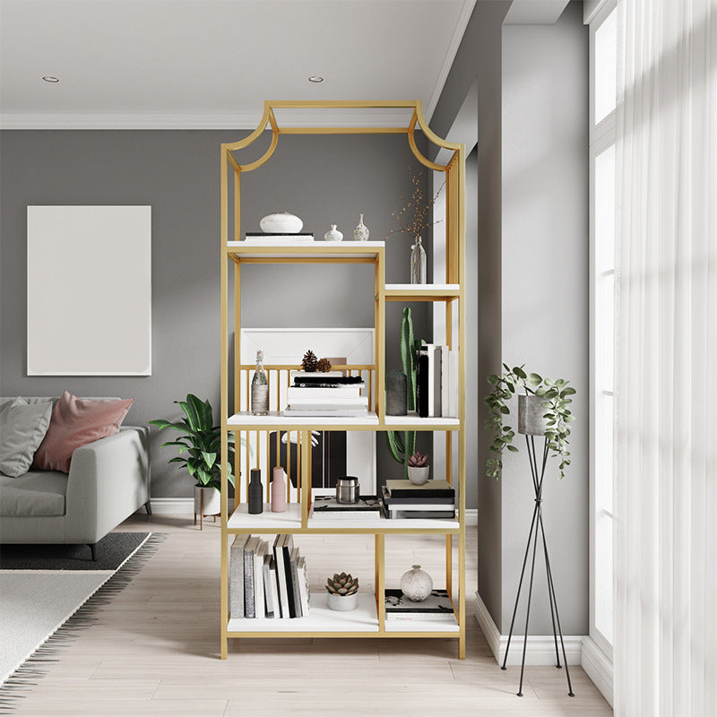 Gold Iron Frame Geometric Bookshelf Vertical Open Bookcase with Manufactured Wood Shelf